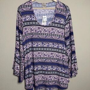Como Vintage Flare Sleeve Blouse Women 1X Purple Blue Floral Paisley Boho New